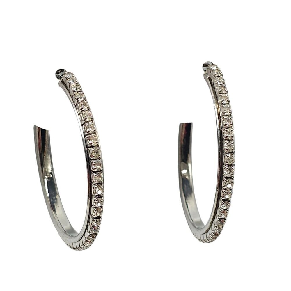 Silver Tone Clear Rhinestone Hoop Earrings With Snap Closure 1980s Vintage